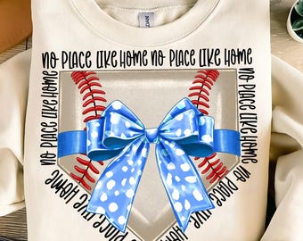 No Place Like Home Baseball Bow png Coquette bow png, Baseball png Digital Download Sublimation Blue Baseball Png, Baseball Mom png