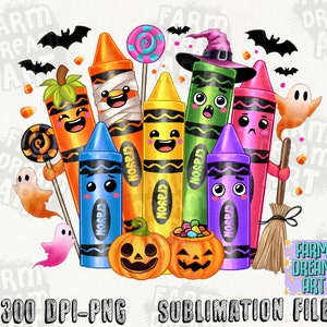 May include: A digital illustration featuring a group of anthropomorphic crayons dressed in Halloween costumes. The crayons are various colors, including orange, blue, green, and purple. The image includes bats, ghosts, pumpkins, and candy corn.