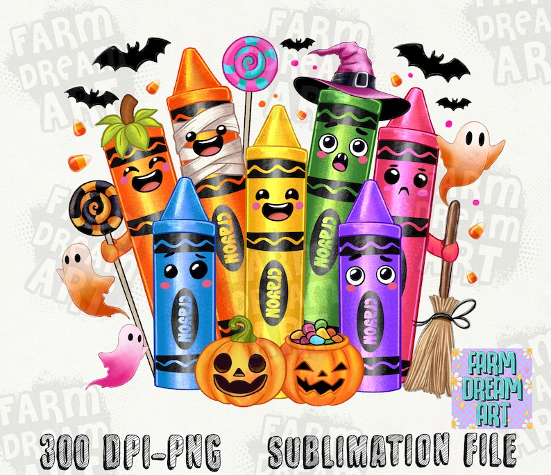 May include: A digital illustration featuring a group of anthropomorphic crayons dressed in Halloween costumes. The crayons are various colors, including orange, blue, green, and purple. The image includes bats, ghosts, pumpkins, and candy corn.