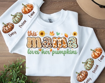Personalized this mama loves her pumpkins png sublimation design download, Fall png, Mother's Day png, mama with kids names png, download