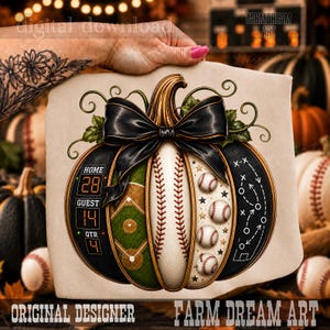 May include: A graphic print on a light-colored surface featuring a pumpkin decorated with baseball themes. The pumpkin includes a scoreboard showing 28, 14, and 4, a baseball field, a baseball, three small baseballs, and a play diagram.