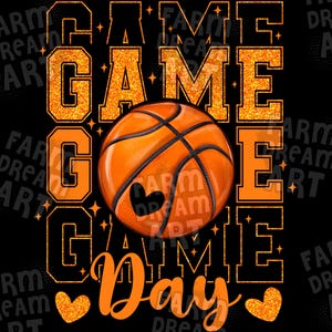 Peut inclure: Graphique orange et noir avec le texte "Game Day" et un ballon de basket au centre. Le texte est en police scintillante.