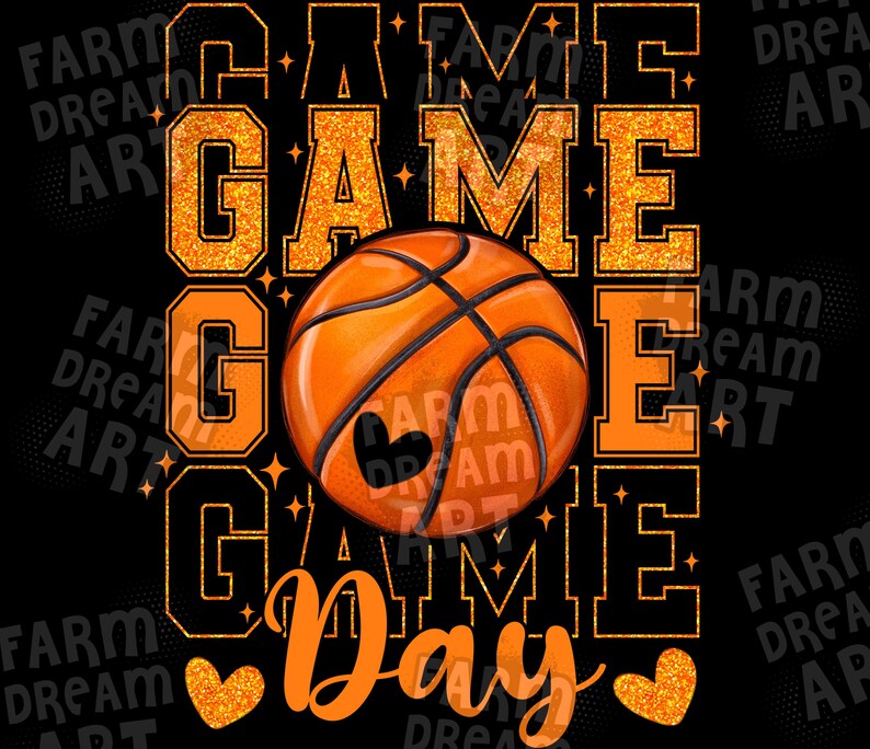 Peut inclure: Graphique orange et noir avec le texte "Game Day" et un ballon de basket au centre. Le texte est en police scintillante.