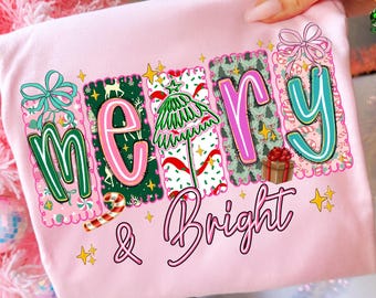 Preppy Merry And Bright PNG,Christmas Sublimation,Holiday Quote Digital File,Retro Christmas PNG,Colorful Merry Bright,Christmas Tree Design