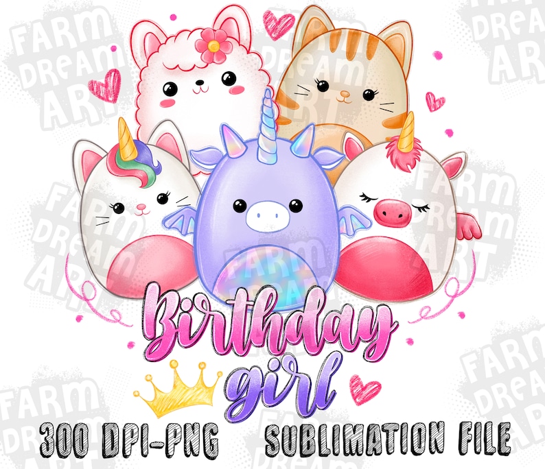 Puede incluir: Una ilustraci&oacute;n digital de cuatro personajes de dibujos animados lindos, un unicornio, una llama, un gato y un unicornio, con el texto "Birthday girl" y una corona dorada. Los personajes est&aacute;n todos vestidos de rosa, morado y blanco.