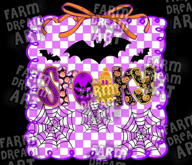 Puede incluir: Gr&aacute;fico tem&aacute;tico de Halloween con la palabra "SPOOKY" en letras moradas y naranjas. El dise&ntilde;o incluye un murci&eacute;lago, calabazas, telara&ntilde;as y un fondo a cuadros morado y blanco. Hay un lazo naranja en la parte superior.