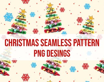 Puede incluir: Un patrón navideño sin costuras con árboles de Navidad de crayones adornados con luces de cadena y una estrella. El diseño incluye copos de nieve rojos, azules y blancos, y el texto "CHRISTMAS SEAMLESS PATTERN PNG DESINGS" sobre un fondo crema.