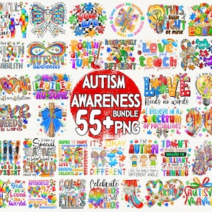 May include: A digital download bundle of 55+ colorful graphic designs featuring puzzle pieces, ribbons, and text related to autism awareness. The text includes phrases like "Rockin' Different Tune", "Love First", "I'm Autism", and "Autism Mama".