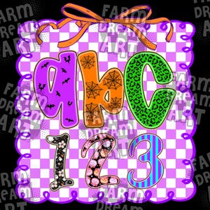 Puede incluir: Un dise&ntilde;o decorativo con las letras ABC y los n&uacute;meros 123. Las letras son de color p&uacute;rpura, naranja y verde con motivos de Halloween. Los n&uacute;meros son de color negro, rosa y azul. El fondo es un patr&oacute;n de cuadros morados y blancos.