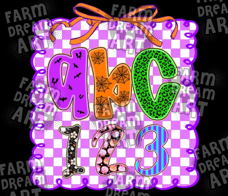 Puede incluir: Un dise&ntilde;o decorativo con las letras ABC y los n&uacute;meros 123. Las letras son de color p&uacute;rpura, naranja y verde con motivos de Halloween. Los n&uacute;meros son de color negro, rosa y azul. El fondo es un patr&oacute;n de cuadros morados y blancos.