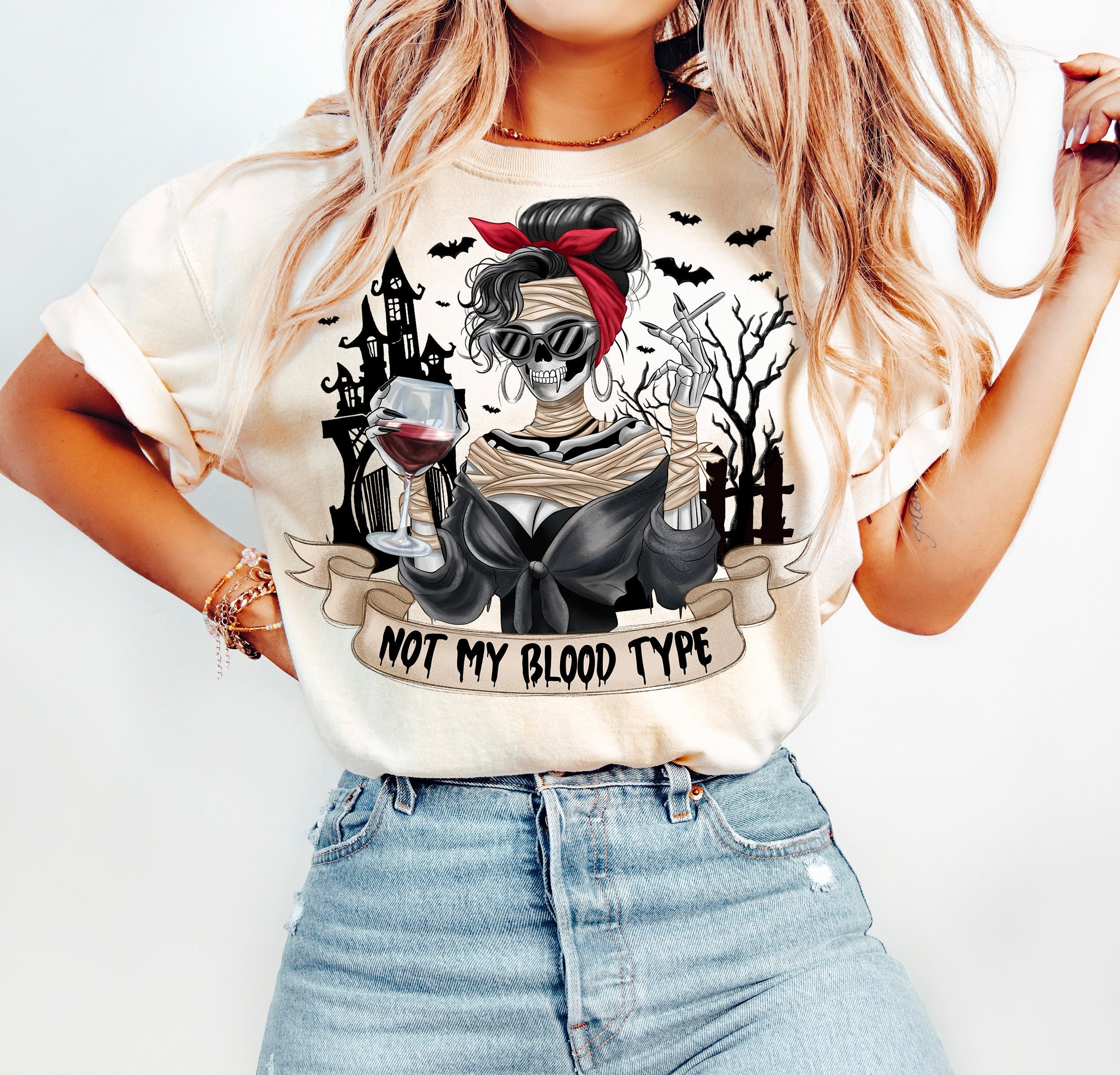 Not My Blood Type Halloween PNG Sassy Funny Skeleton Halloween Png Scary Vampire Witch Png Wine Snarky Sarcastic Png, Sublimate Design