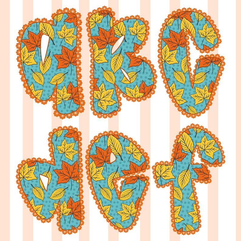 May include: Decorative alphabet letters A, B, C, J, G, and F. Each letter features a teal background with a polka dot pattern and is filled with orange and yellow autumn leaves. The letters are outlined with orange lace.