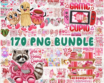Könnte beinhalten: Eine digitale Collage aus 170 PNG-Bildern zum Thema Valentinstag. Die Bilder zeigen eine Vielzahl von Designs, darunter Herzen, Blumen und niedliche Tiere. Der Text "170 PNG Bundle" ist in großen grünen Buchstaben dargestellt.