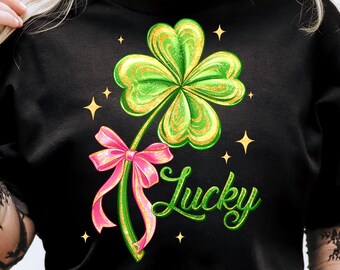 Lucky Shamrock Coquette Bow PNG,Glitter Clover Digital File,Shamrock with Bow Clipart,Girly St Patrick's Day PNG,Four Leaf Clover PNG