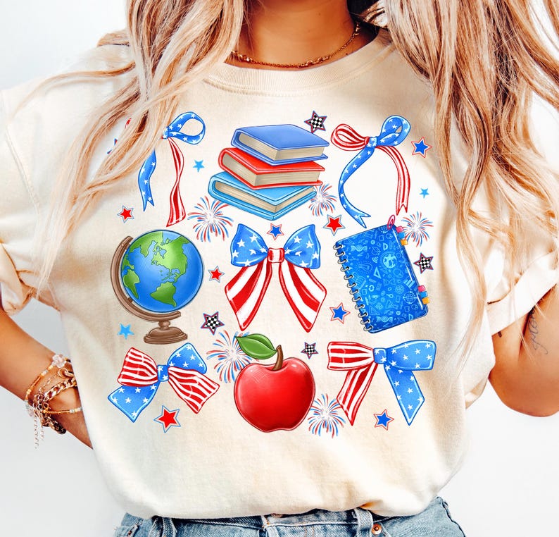 May include: A white t-shirt with a red, white, and blue design featuring a globe, books, a notebook, an apple, and bows. The design is perfect for teachers or students.