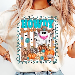 Howdy Pumpkin PNG,Cowboy Ghost Png,Fall Pumpkin Sublimation,Country Halloween Design,Ghost with Cowboy Hat PNG,Turquoise Pumpkin Png