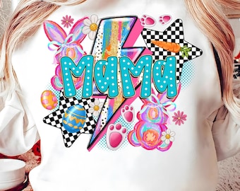 May include: White sweatshirt with a colourful Easter-themed design. The design features a lightning bolt with the word "Mama" in blue polka dots, Easter eggs, bunnies, and flowers.