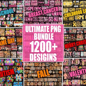 May include: A digital collection of over 1200 graphic designs featuring themes like school, breast cancer awareness, childhood cancer, game day, Christmas, autism awareness, fall, and Valentine's Day, all displayed in a grid of colorful patterns.
