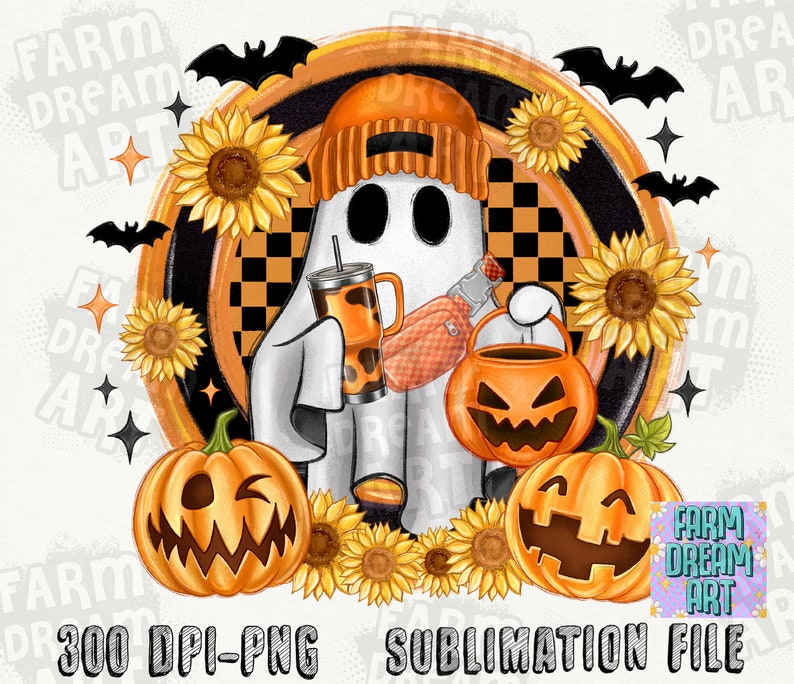 Peut inclure: Conception num&eacute;rique sur le th&egrave;me d'Halloween avec un fant&ocirc;me portant un bonnet et une banane orange, tenant une boisson et un seau de citrouille. Des tournesols, des chauves-souris et des citrouilles entourent le fant&ocirc;me. Le texte "300 DPI-PNG SUBLIMATION FILE" est en bas.