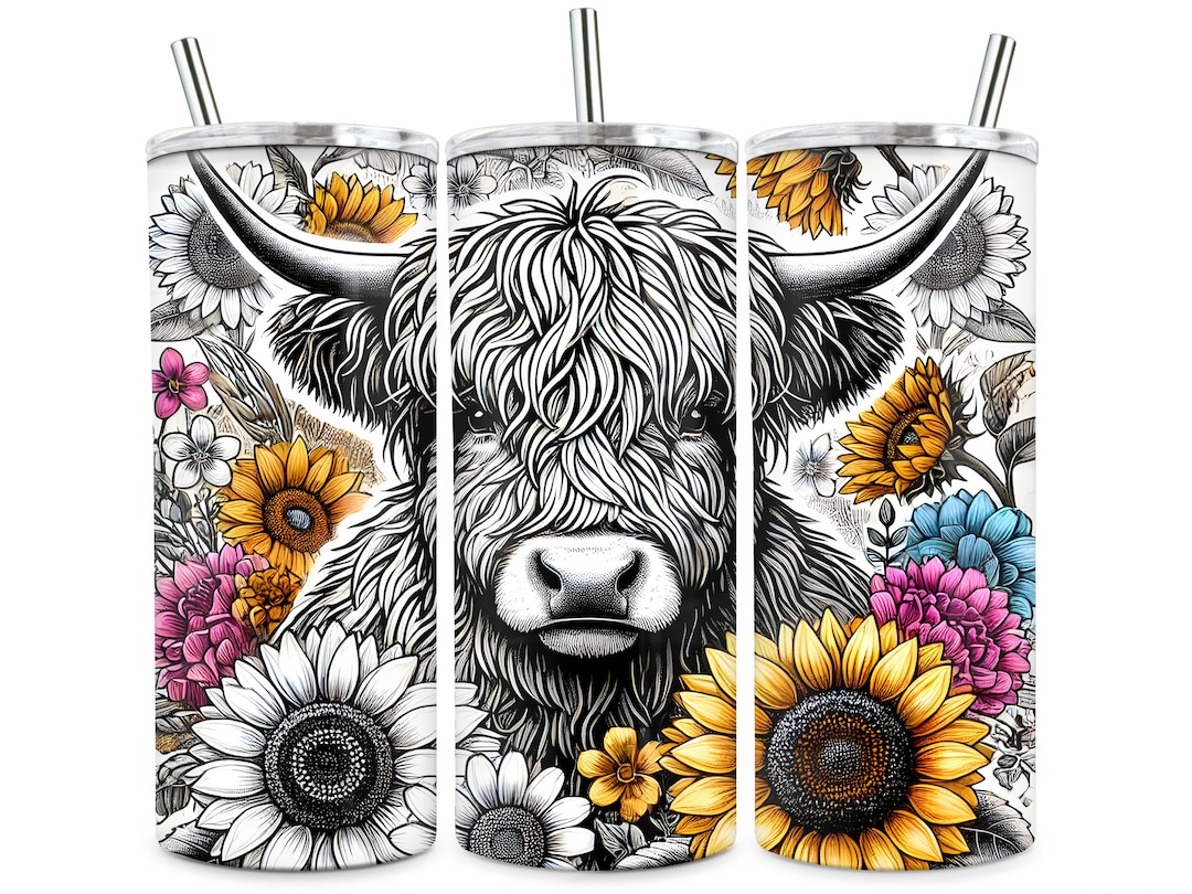 Highland Cow Western Yellow Sunflower Tumbler Wrap, Sublimation Design ...