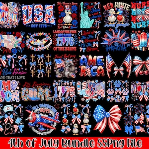 May include: A digital download of 55 patriotic images featuring American flags, stars, stripes, bows, and other patriotic imagery. The images are perfect for creating digital or printed crafts, scrapbooking, and other creative projects.