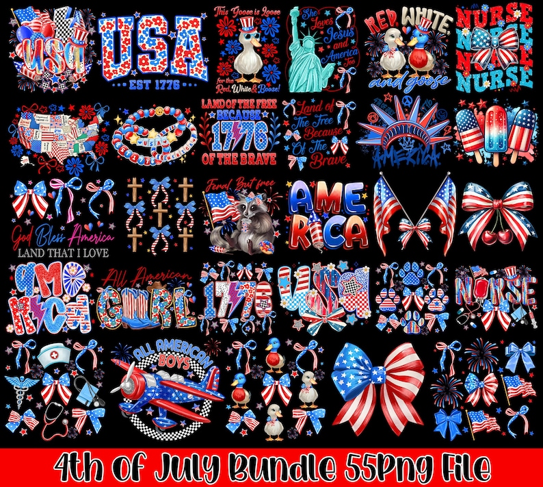 May include: A digital download of 55 patriotic images featuring American flags, stars, stripes, bows, and other patriotic imagery. The images are perfect for creating digital or printed crafts, scrapbooking, and other creative projects.