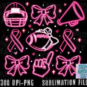 May include: Pink neon design elements including a football, ribbon, bow, megaphone, and a hand making a number one gesture. The design elements are on a black background with white dots and pink hearts.