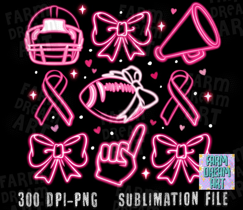 May include: Pink neon design elements including a football, ribbon, bow, megaphone, and a hand making a number one gesture. The design elements are on a black background with white dots and pink hearts.