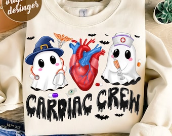 May include: A white sweatshirt with a black graphic design of three ghosts dressed as medical professionals. The ghosts are holding a stethoscope, a syringe, and a heart. The text "Cardiac Crew" is written in black dripping letters.