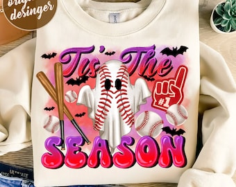 May include: A sublimation design featuring a ghost with a baseball pattern, bats, baseball bats, and baseballs. The text "Tis the Season" is in pink and purple letters.