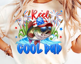 Reel Cool Dad Png,Fishing Dad Sublimation Design,Patriotic Dad PNG,Bass Fish PNG Design,Fisherman Dad Gift PNG,American Flag Fish Png