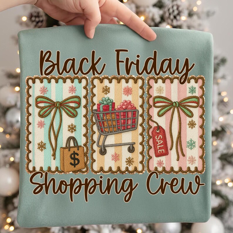 May include: A light teal pillow with the words "Black Friday Shopping Crew" in brown script. The design features three rectangular postage stamp-like images with bows, a shopping cart, a shopping bag, and a sale tag.