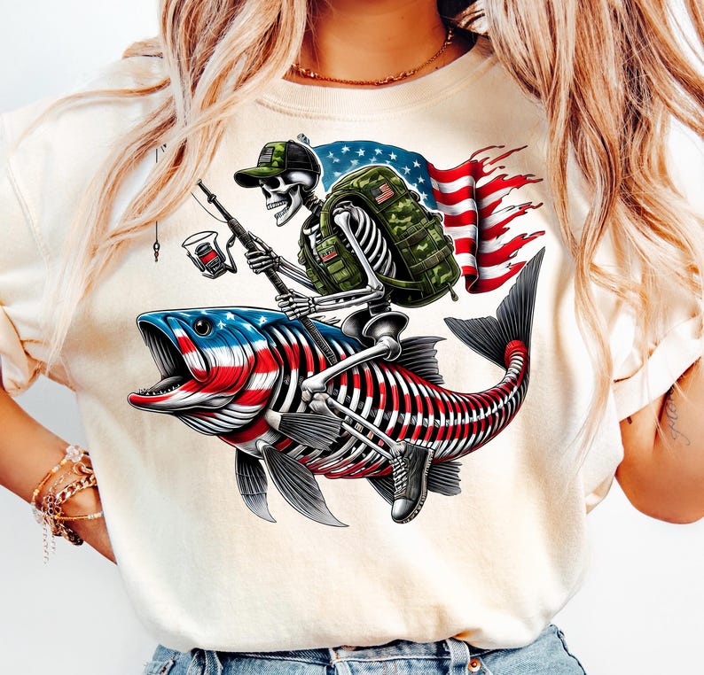 Patriotic Skeleton Fishing Png,american Flag Fish Png,skeleton ...