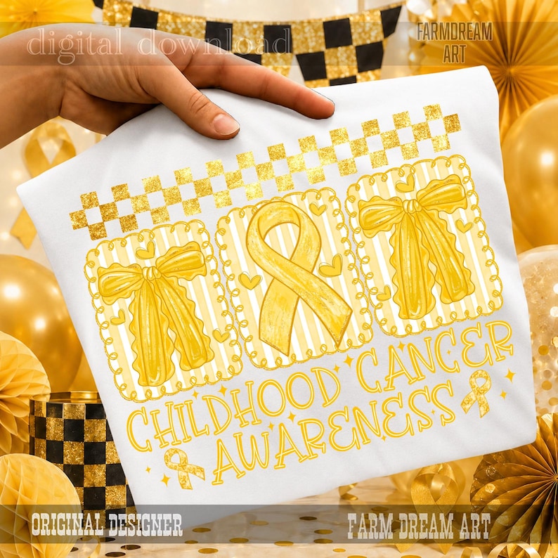 May include: A white t-shirt featuring a gold-colored graphic with a checkered border, two bows, and a central awareness ribbon. The text reads CHILDHOOD CANCER AWARENESS in a bold, yellow font, accompanied by small ribbon icons and heart shapes.