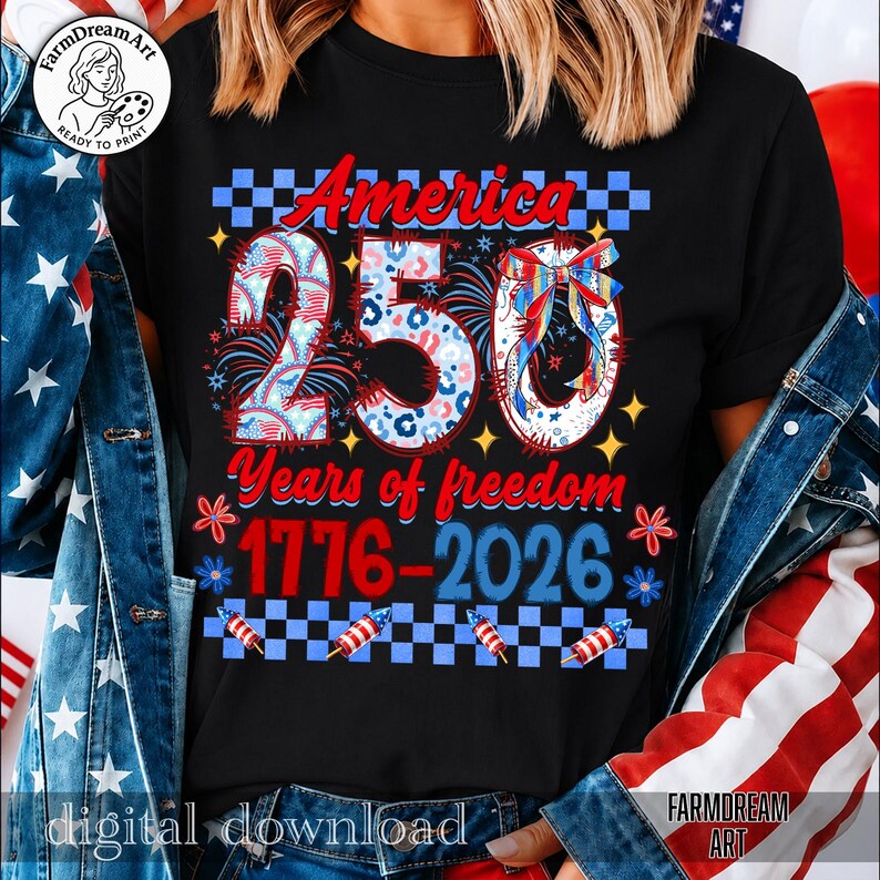 May include: Black t-shirt with a patriotic design celebrating America's 250th anniversary. The design includes the text "America 250" with fireworks, stars, and the years "1776-2026". The shirt is a digital download.