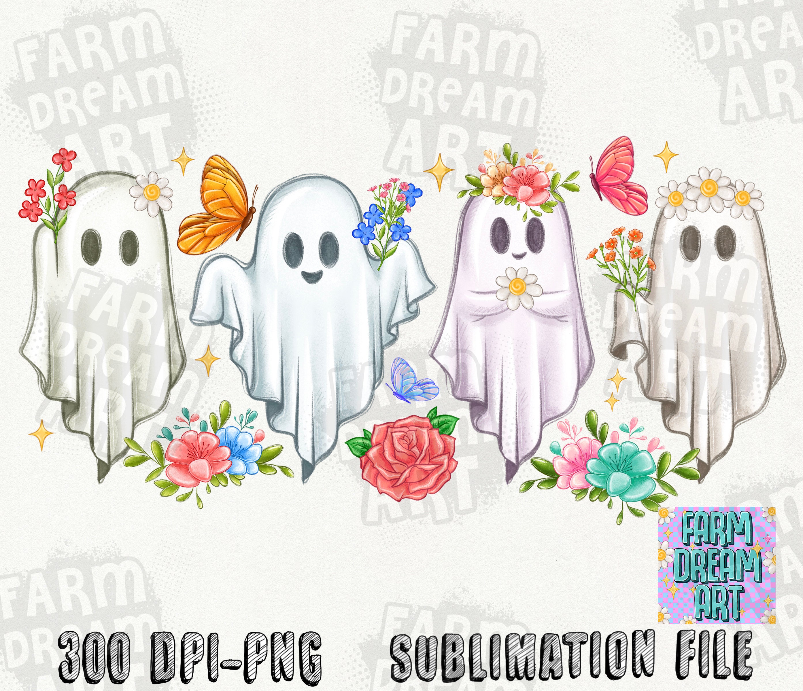 Retro Floral Ghosts Png, Cute Halloween Ghosts Png, Ghosts With Flowers ...