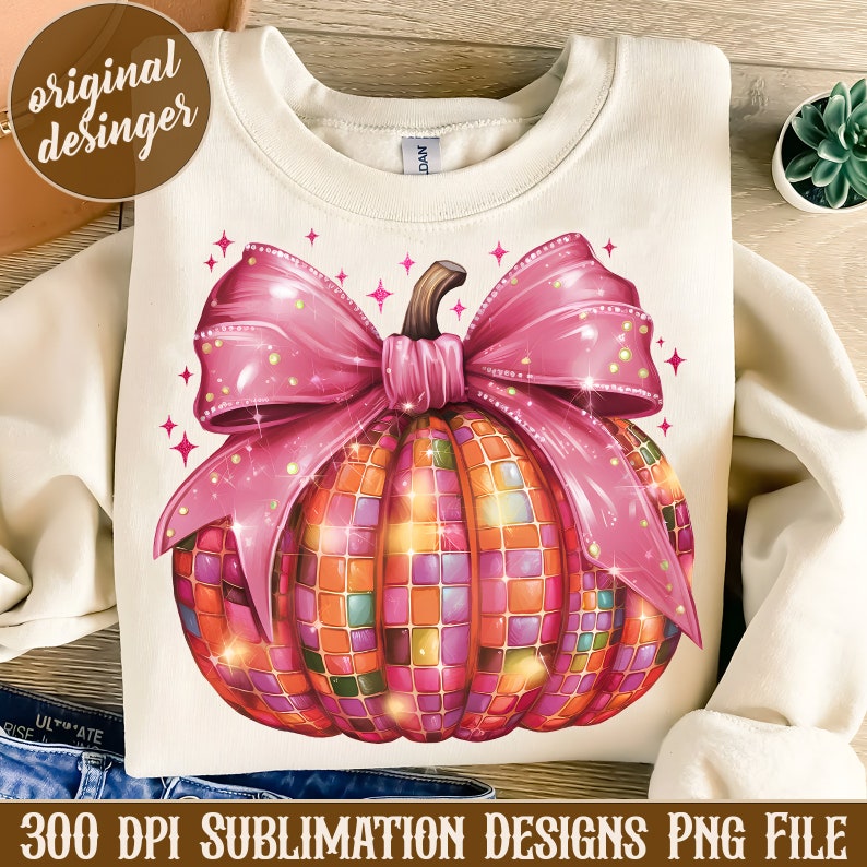 May include: Cream-colored sweatshirt featuring a vibrant, mosaic-style pumpkin design with a large pink bow. The pumpkin is composed of colorful squares, and the design includes sparkling accents. Text at the bottom reads "300 DPI SUBLIMATION DESIGNS PNG FILE."