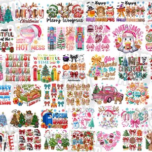 Pu&ograve; includere: Una collezione di design digitali a tema natalizio con grafica e testo festivi. I design includono alberi di Natale, Babbo Natale, fiocchi e frasi di festa come "Merry Christmas" e "Family Christmas 2024".
