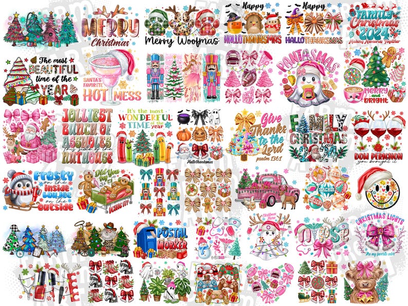 Pu&ograve; includere: Una collezione di design digitali a tema natalizio con grafica e testo festivi. I design includono alberi di Natale, Babbo Natale, fiocchi e frasi di festa come "Merry Christmas" e "Family Christmas 2024".