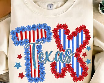 4th of July Texas Sublimation PNG,Floral Texas State PNG,Red White Blue TX Design,Patriotic State Sublimation,Texas Flowers Png