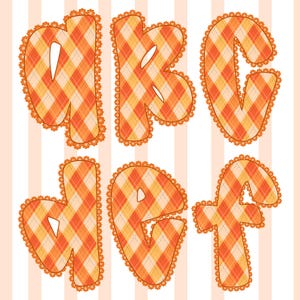 May include: A collection of six uppercase and lowercase letters: n, k, c, v, j, e, and f. Each letter is a patchwork design in orange and yellow plaid, outlined with a scalloped trim. The background is a striped pattern of white and peach.