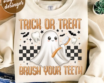 Trick Or Treat Brush Yout Teeth png, Halloween Dentist PNG, Retro Halloween Png,Spooky Dental Assistance,Dental Hygienist,Sublimation Design