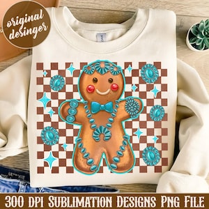 May include: A gingerbread man wearing a turquoise necklace and bow tie, with turquoise accents on a brown and white chequered background.