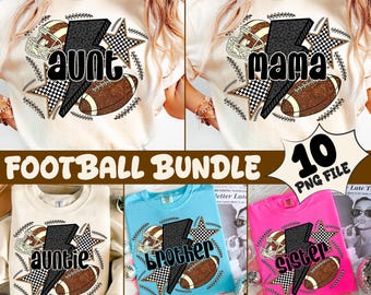May include: A collection of t-shirts and sweatshirts with football-themed designs. Each shirt features a football, helmet, and star graphic, with words like "aunt", "mama", "auntie", "brother", and "sister". The shirts are in various colors.