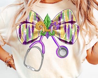 May include: A white t-shirt with a purple, gold, and green bow with a fleur-de-lis in the center. A purple stethoscope is wrapped around the bow.