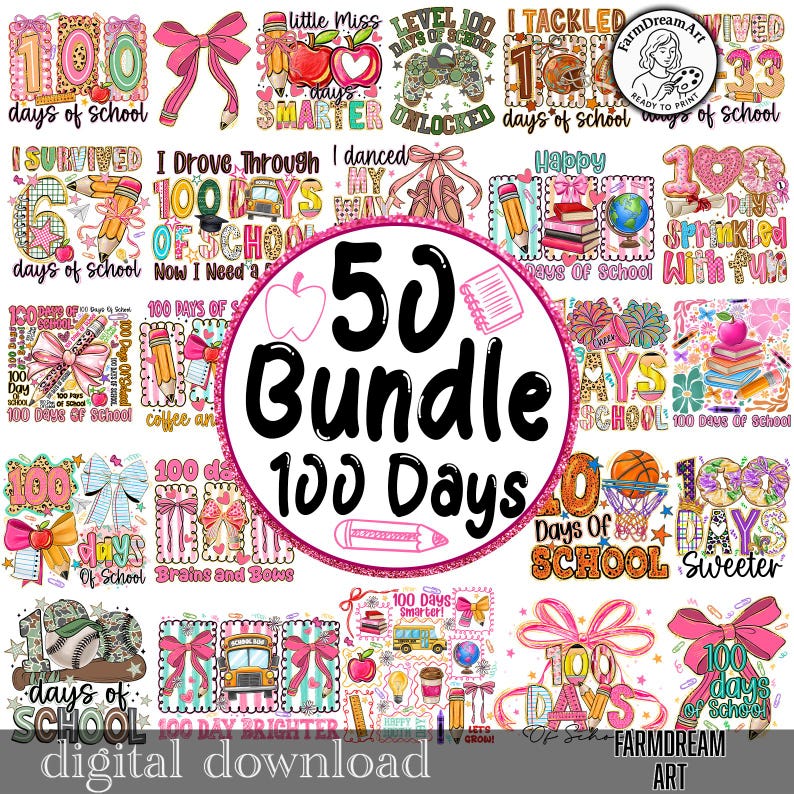 May include: A digital download graphic bundle featuring 50 designs celebrating 100 days of school. The designs include text, bows, pencils, apples, and school-themed elements in pink, teal, and other colors.
