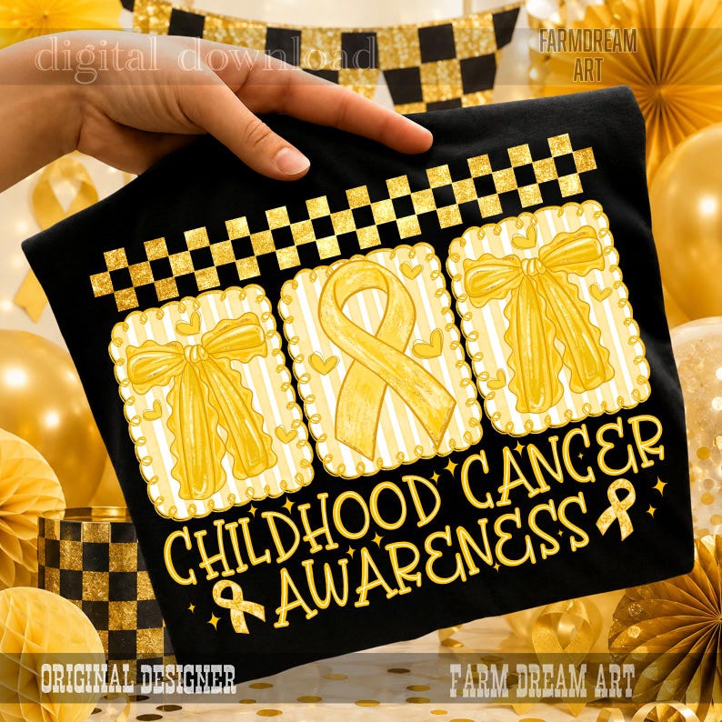 May include: A black t-shirt featuring a gold checkered border and three rectangular frames with gold striped backgrounds. The frames contain gold bows and a gold awareness ribbon. The text reads CHILDHOOD CANCER AWARENESS in gold.
