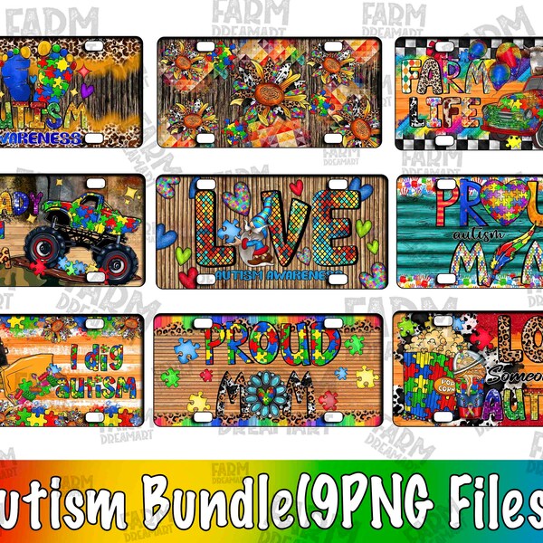 Autism Licence Plate Bundle Png , Autism Awareness Sublimation Designs, Western License Plate, License Plate Bundle Sublimation Template