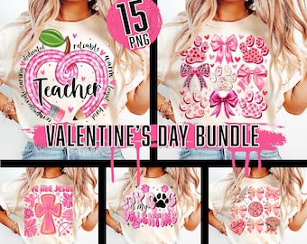 Könnte beinhalten: Ein Set mit 15 Sublimationsdesigns zum Valentinstag mit rosa und weißen Herzen, Schleifen, Pfotenabdrücken und Text. Die Designs beinhalten "Teacher", "We Like Jesus" und "My Dog is My Valentine".