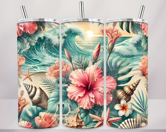 Beach Tumbler Wrap PNG,Floral Ocean Sublimation,Tropical Summer 20oz Wrap,Seashell Coastal Png, 20oz skinny tumbler png,Sunset Waves Tumbler